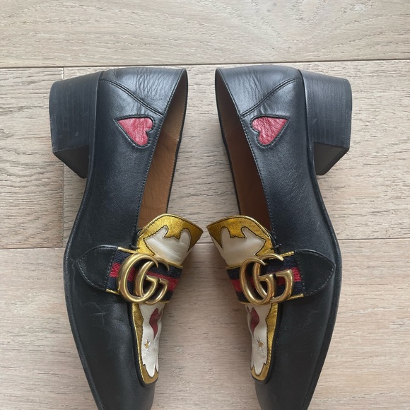 RARE gucci peyton heart heeled loafers in black multicolor leather size 37.5 - Picture 3 of 9